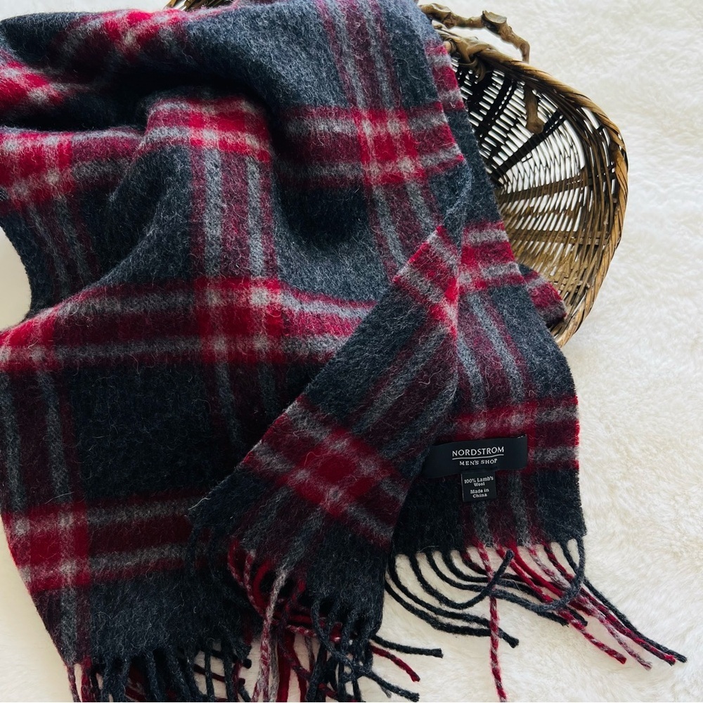 Nordstrom Men’s 100% Wool  Plaid Red/Grey Scarf 72”x12” new no tag.
